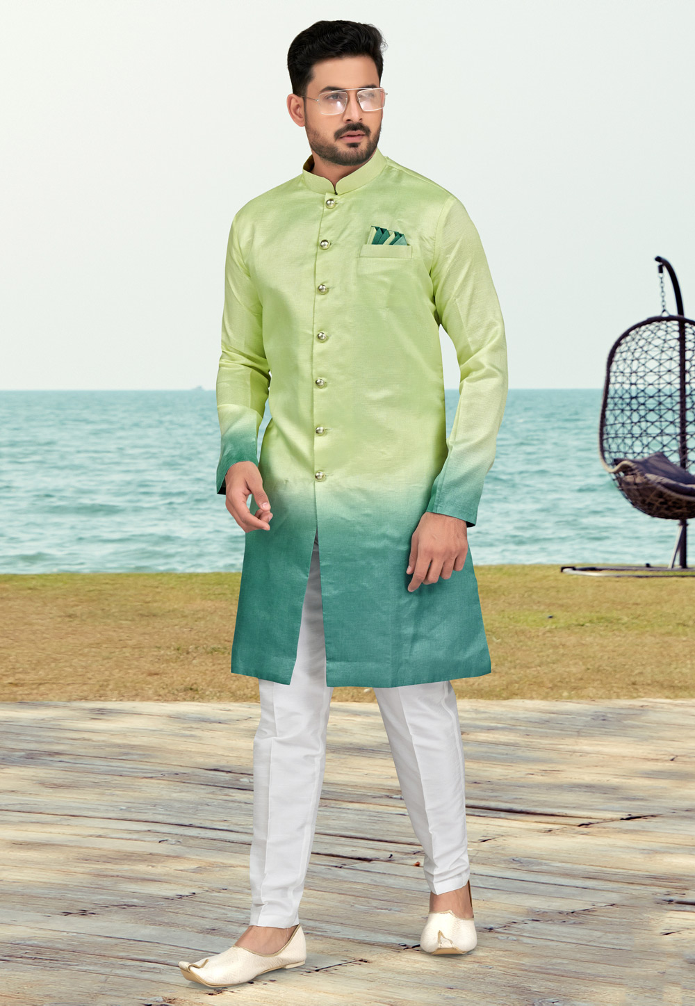 Pista Green Silk Indo Western Suit 279726