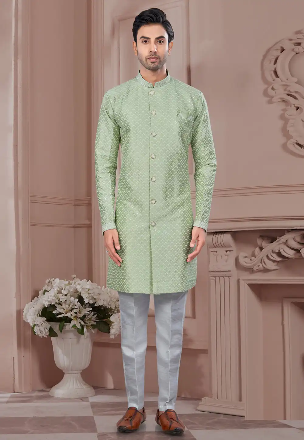 Pista Green Silk Indo Western Suit 294538