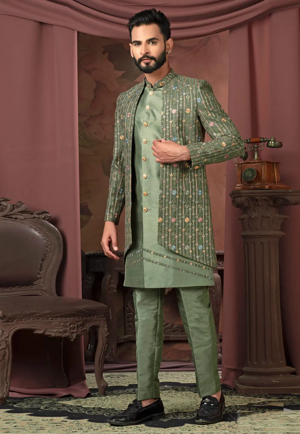 Pista Green Silk Jacket Style Sherwani 302425