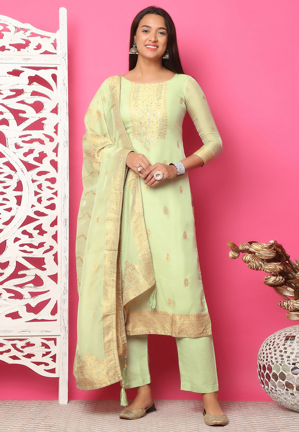 Pista Green Silk Jacquard Pant Style Suit 310127