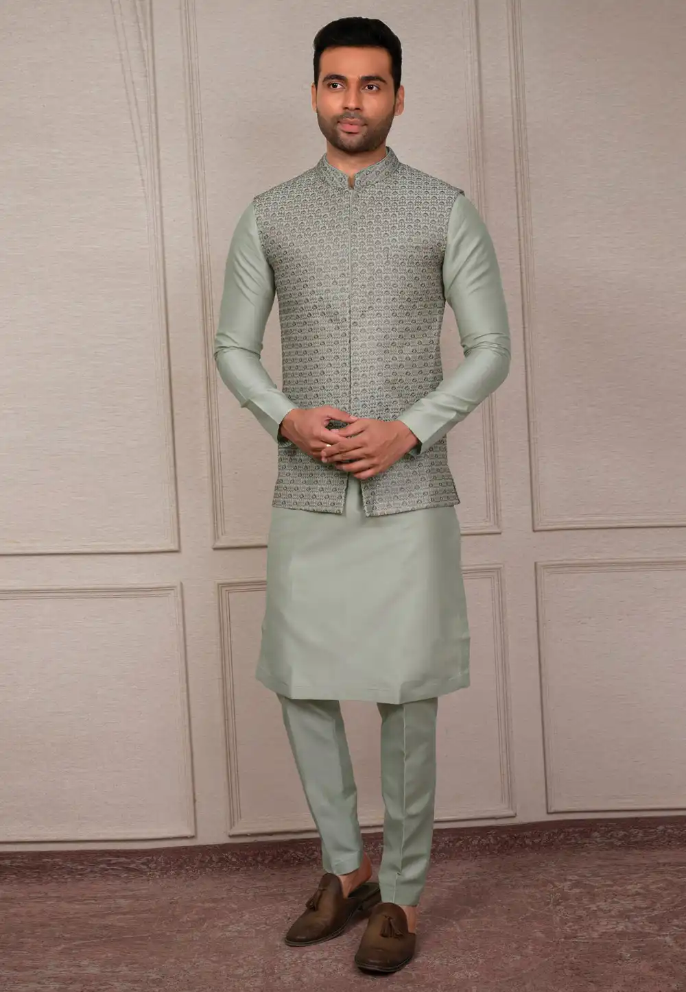 Pista Green Silk Kurta Pajama With Jacket 293914