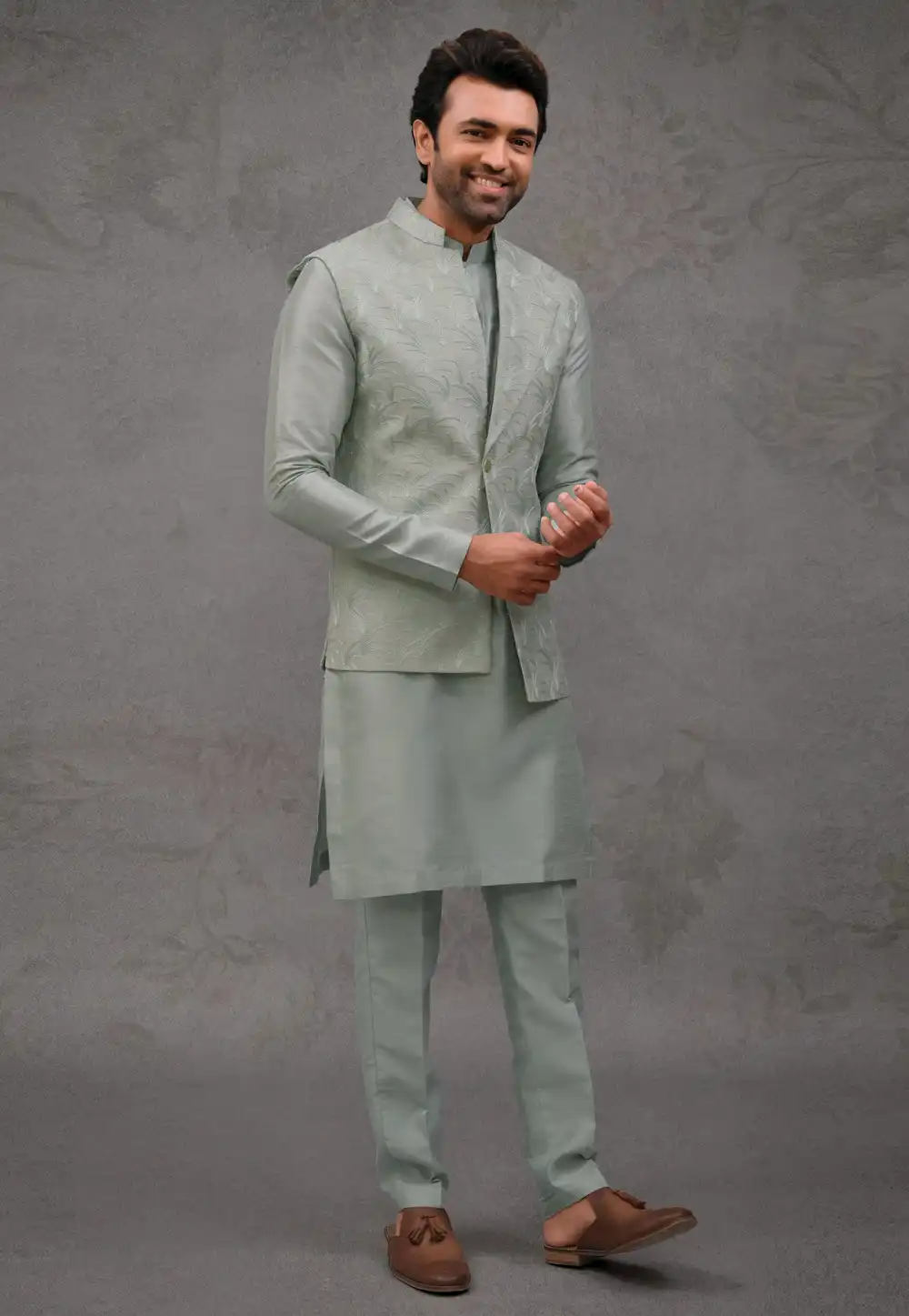 Pista Green Silk Kurta Pajama With Jacket 293924