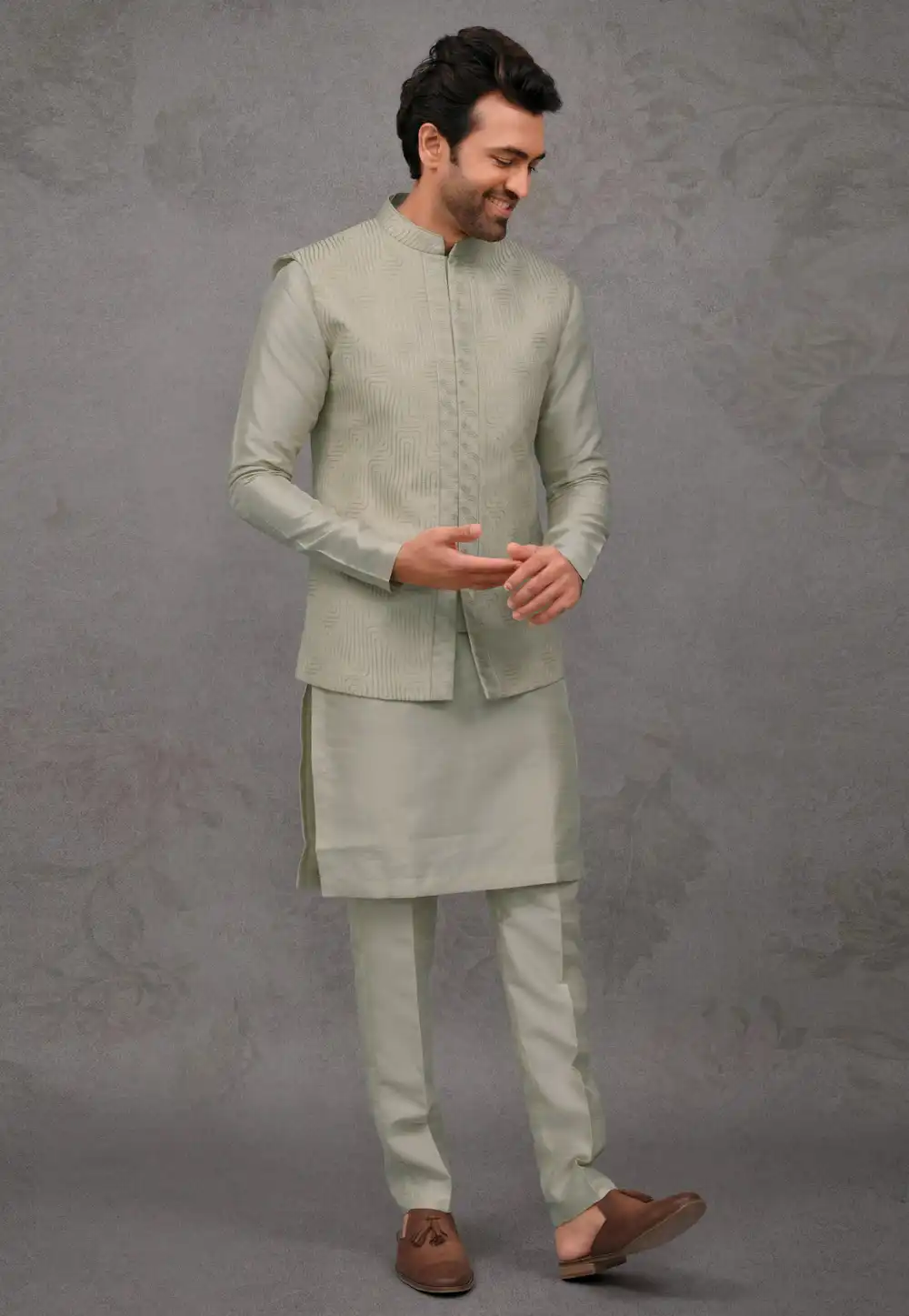 Pista Green Silk Kurta Pajama With Jacket 293926