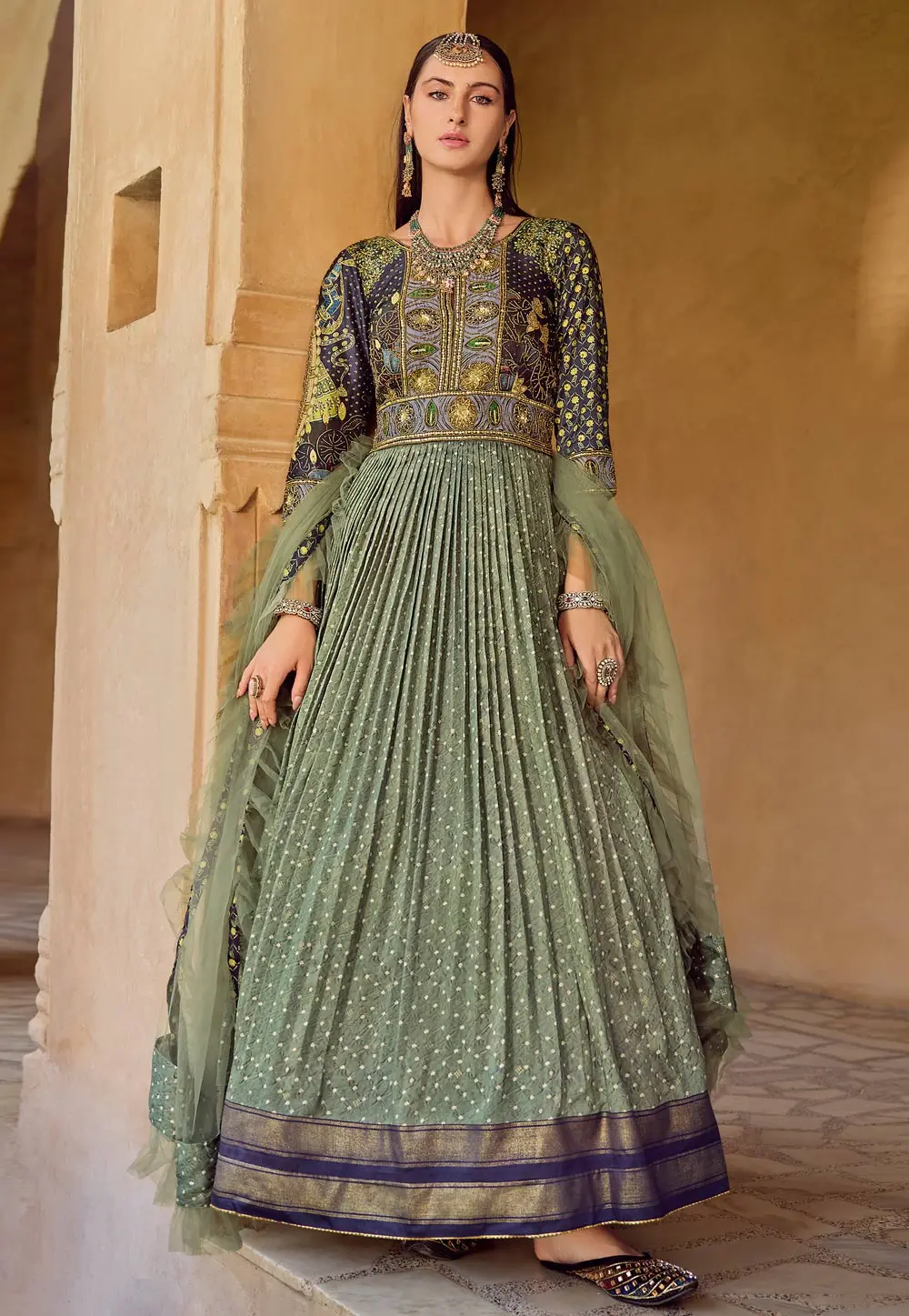 Pista Green Silk Long Anarkali Suit 303363