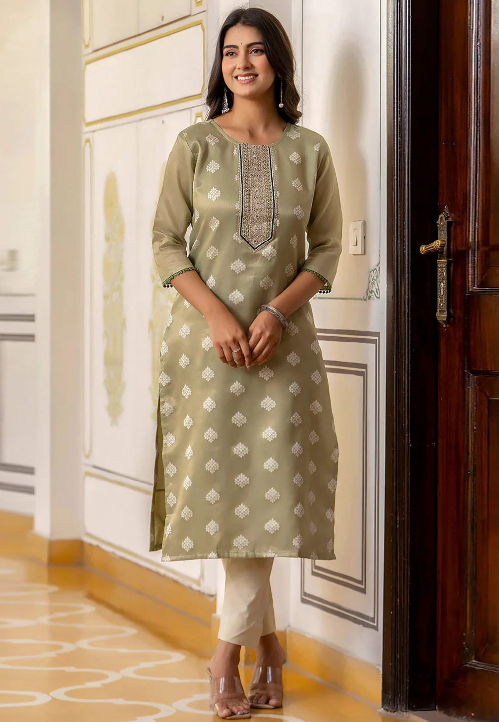 Pista Green Silk Long Tunic 309857