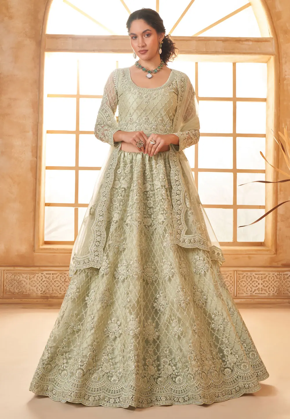 Pista Green Silk Net Lehenga Choli For Wedding 297589