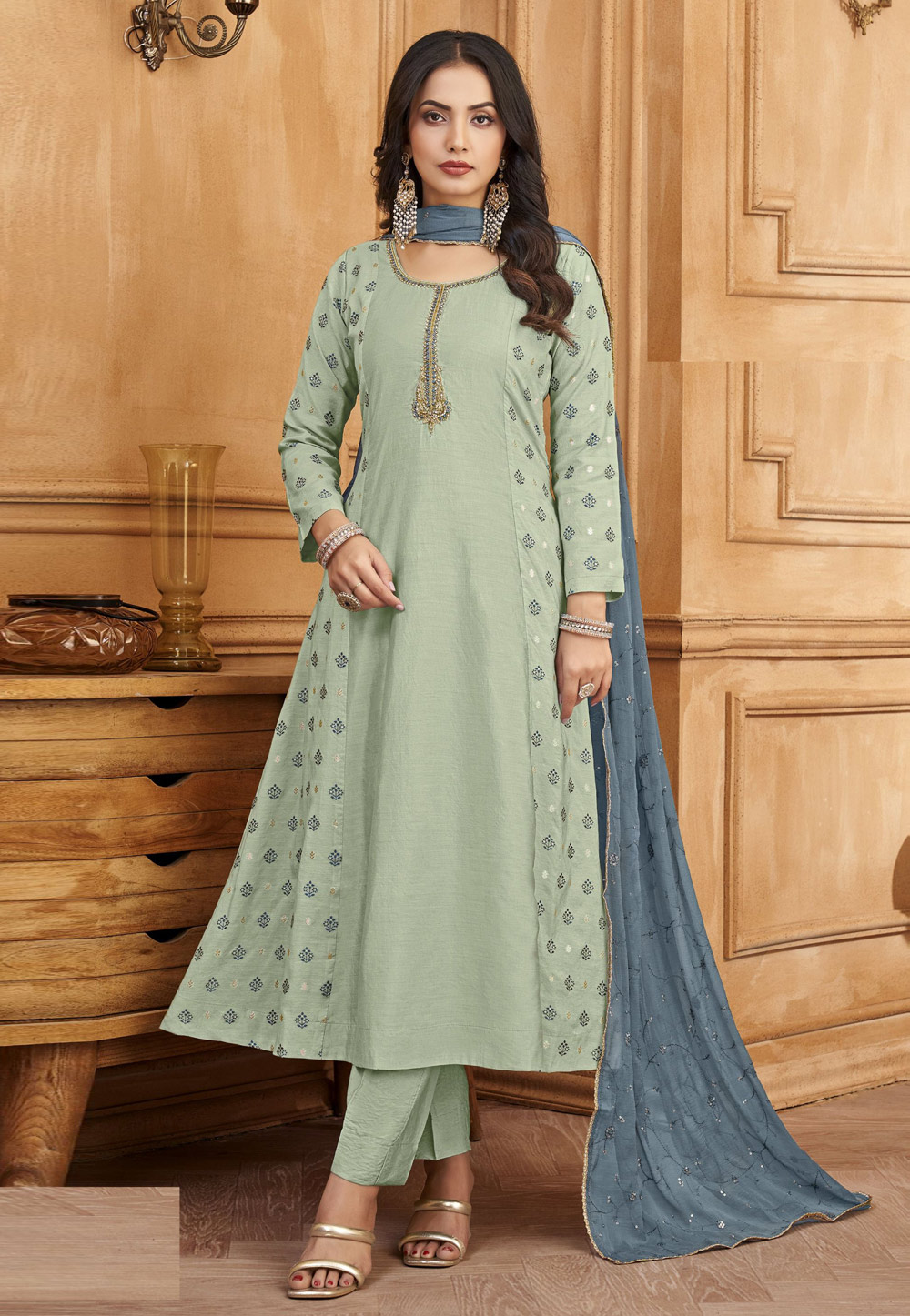 Pista Green Silk Readymade Anarkali Suit 310878