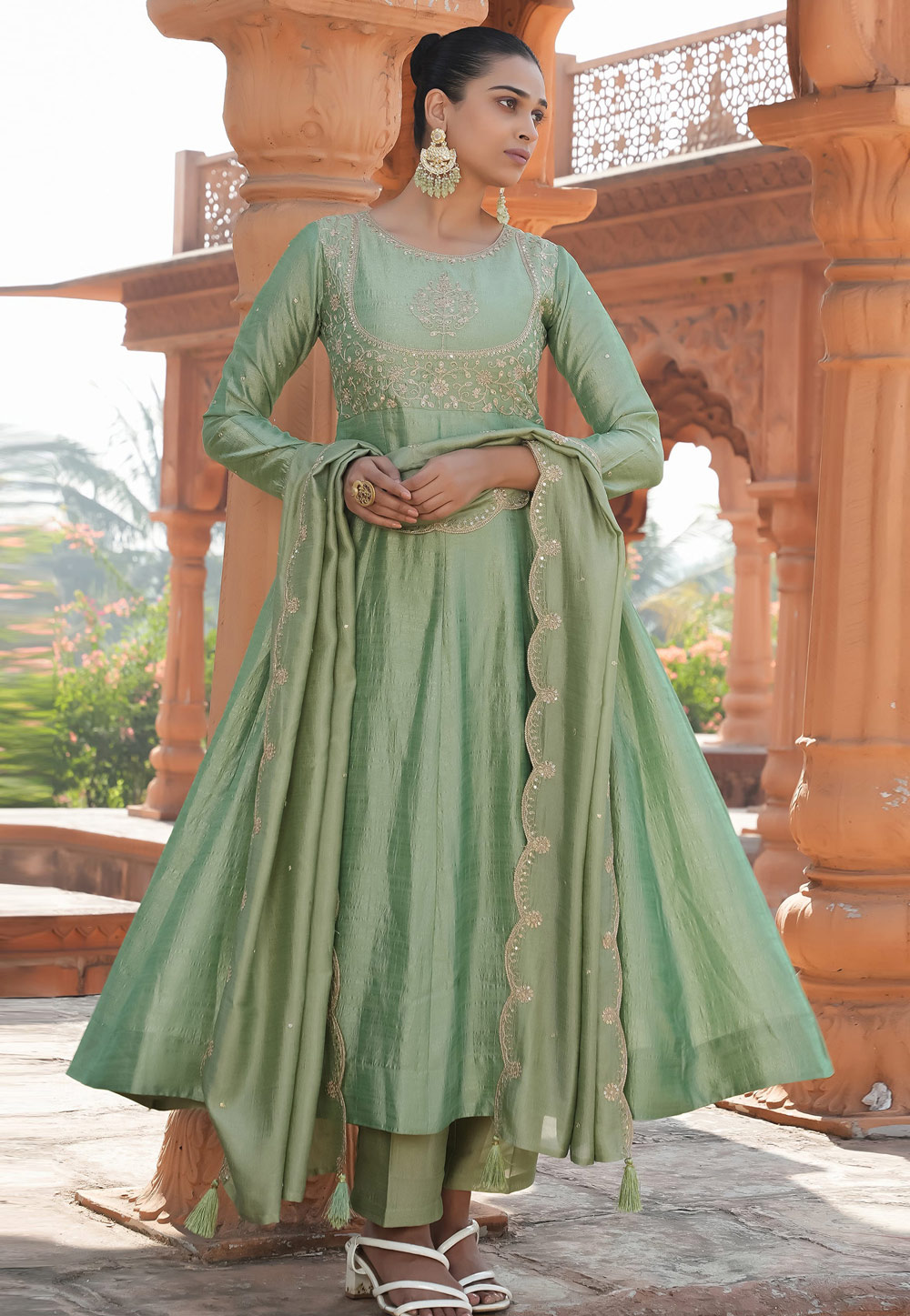 Pista Green Silk Readymade Anarkali Suit 309466