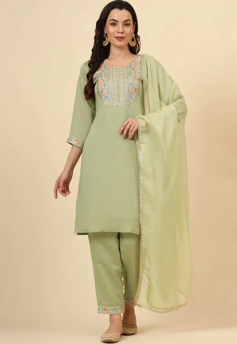 Pista Green Silk Readymade Pakistani Suit 293446