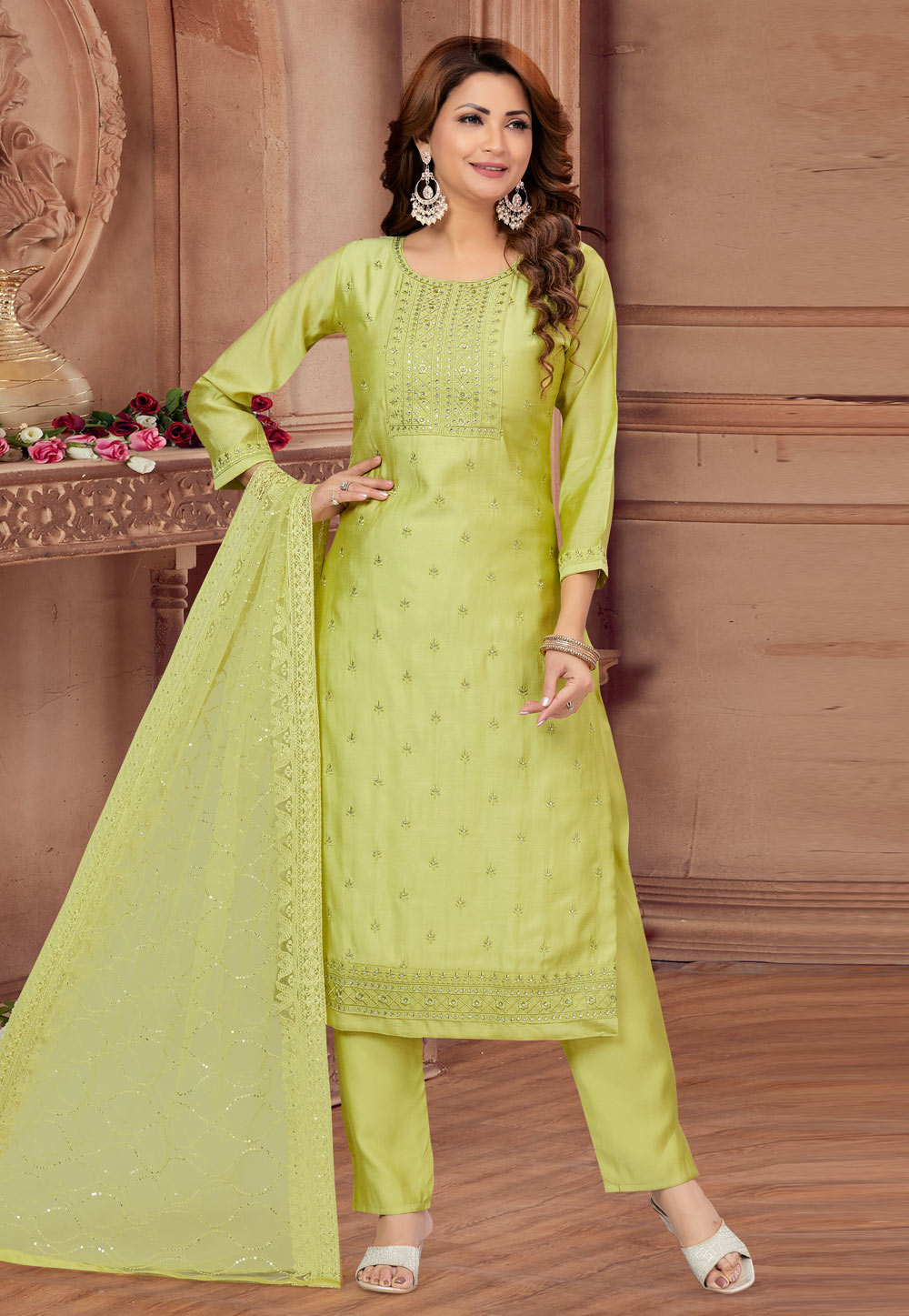 Pista Green Silk Readymade Pakistani Suit 281496