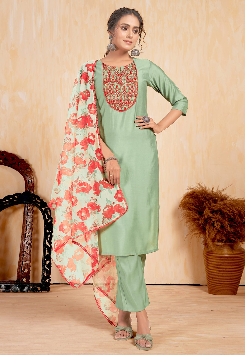Pista Green Silk Readymade Pant Style Suit 284661