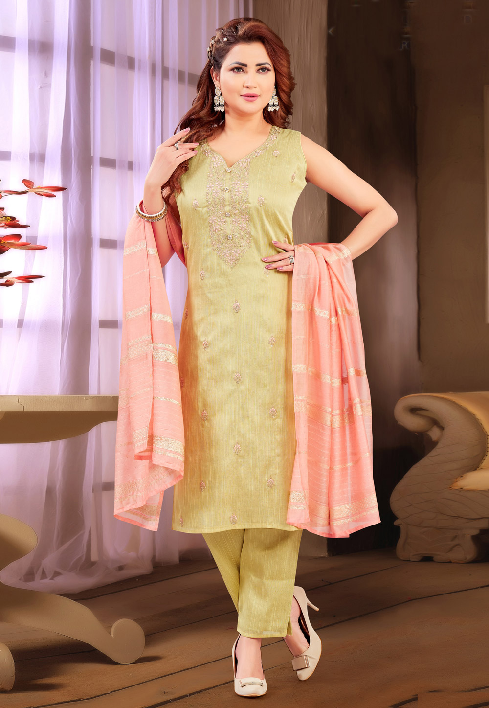 Pista Green Silk Readymade Pant Style Suit 305859