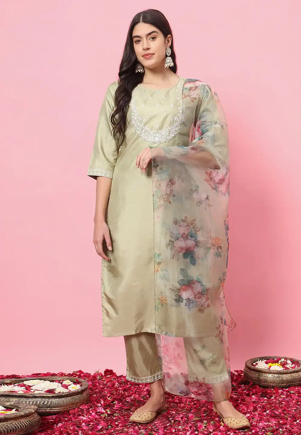 Pista Green Silk Readymade Pant Style Suit 289369