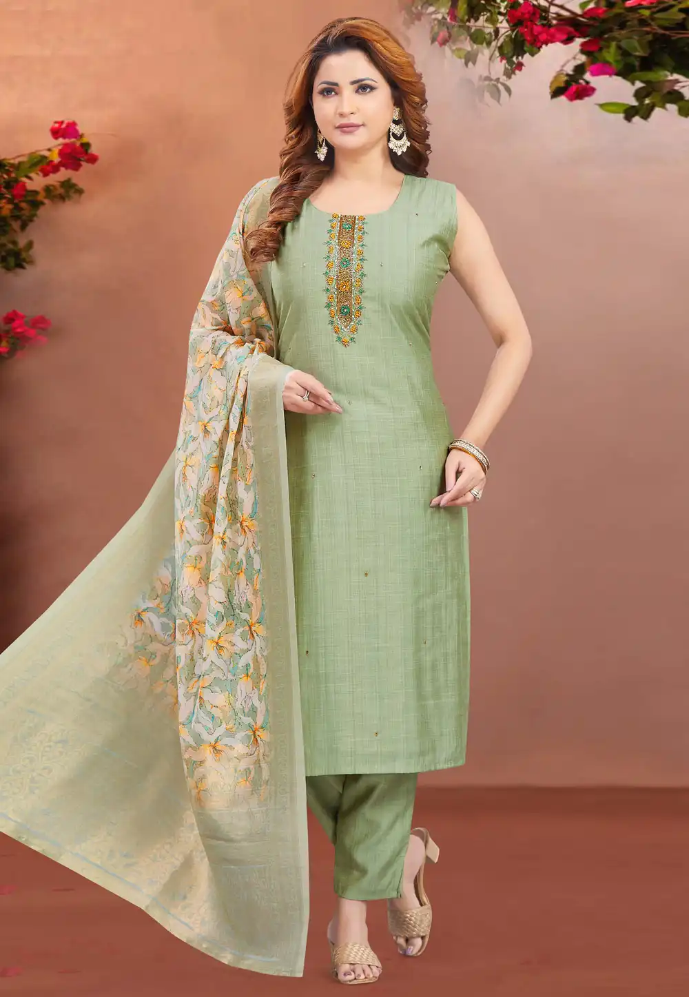 Pista Green Silk Readymade Pant Style Suit 294078