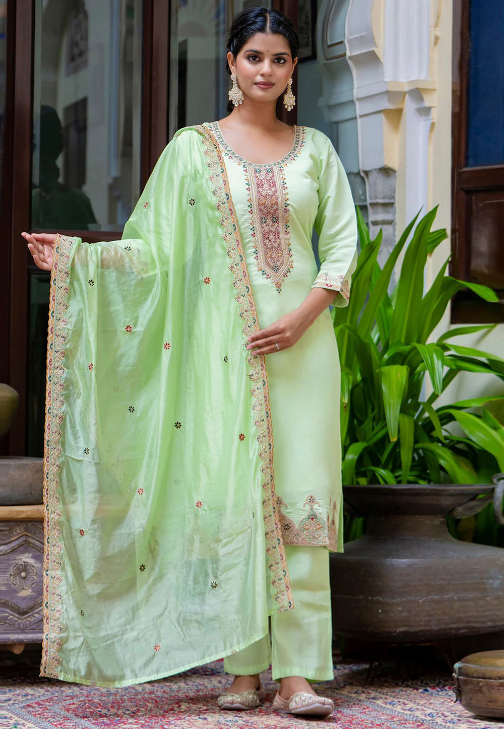 Pista Green Silk Readymade Pant Style Suit 309217