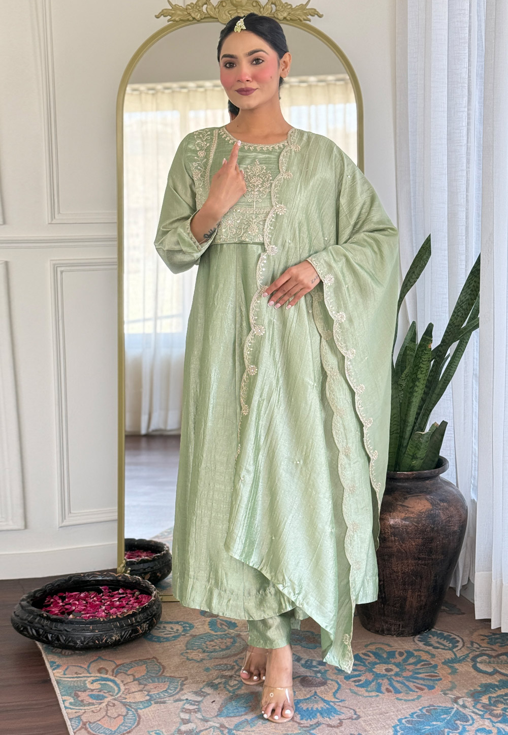 Pista Green Silk Readymade Pant Style Suit 310894