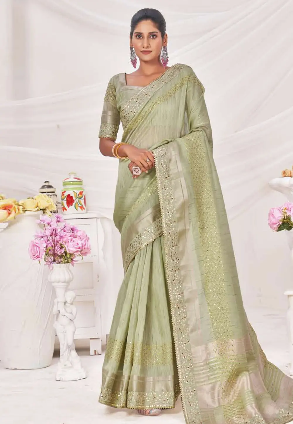 Pista Green Silk Saree With Blouse 301712