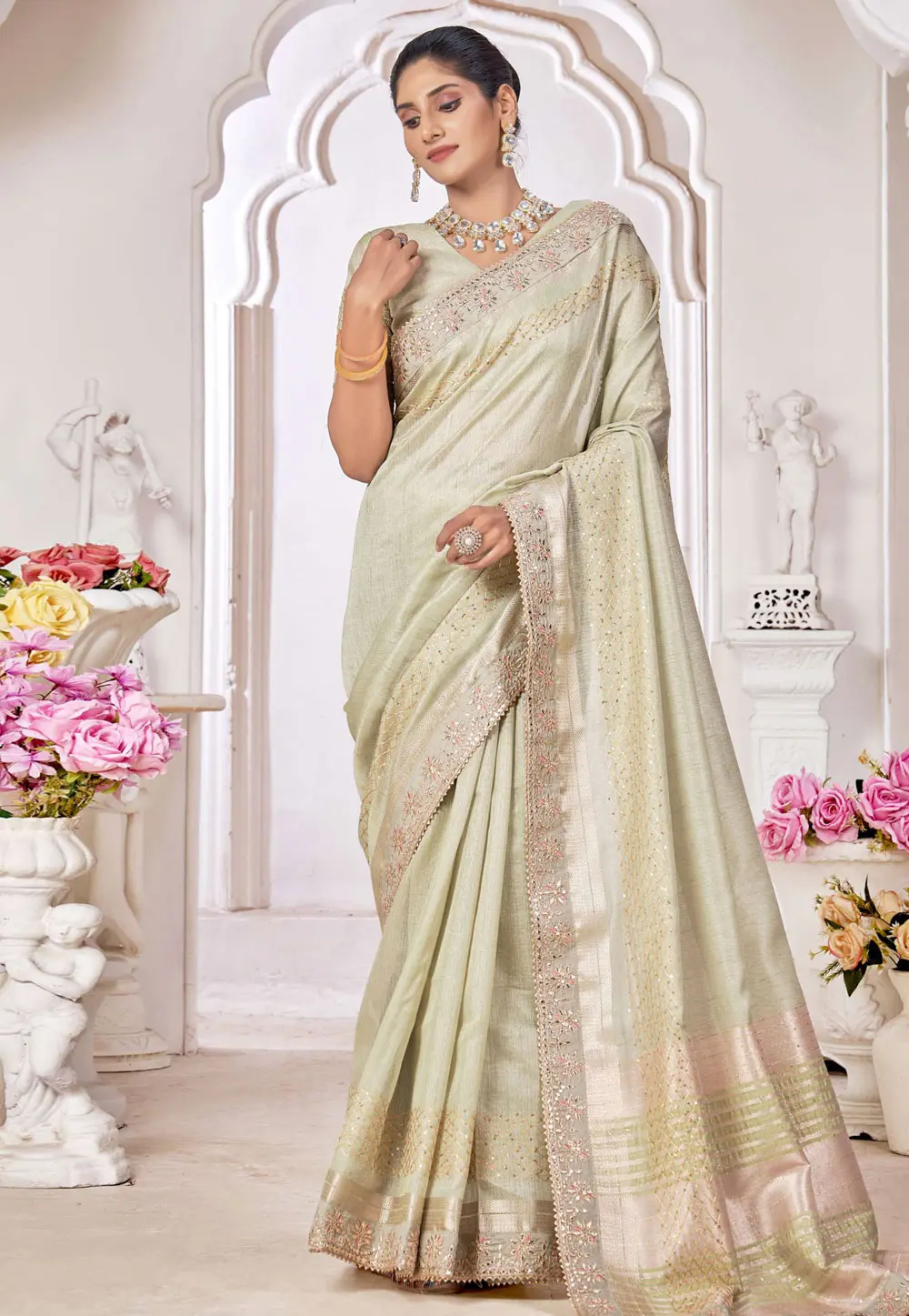 Pista Green Silk Saree With Blouse 301729