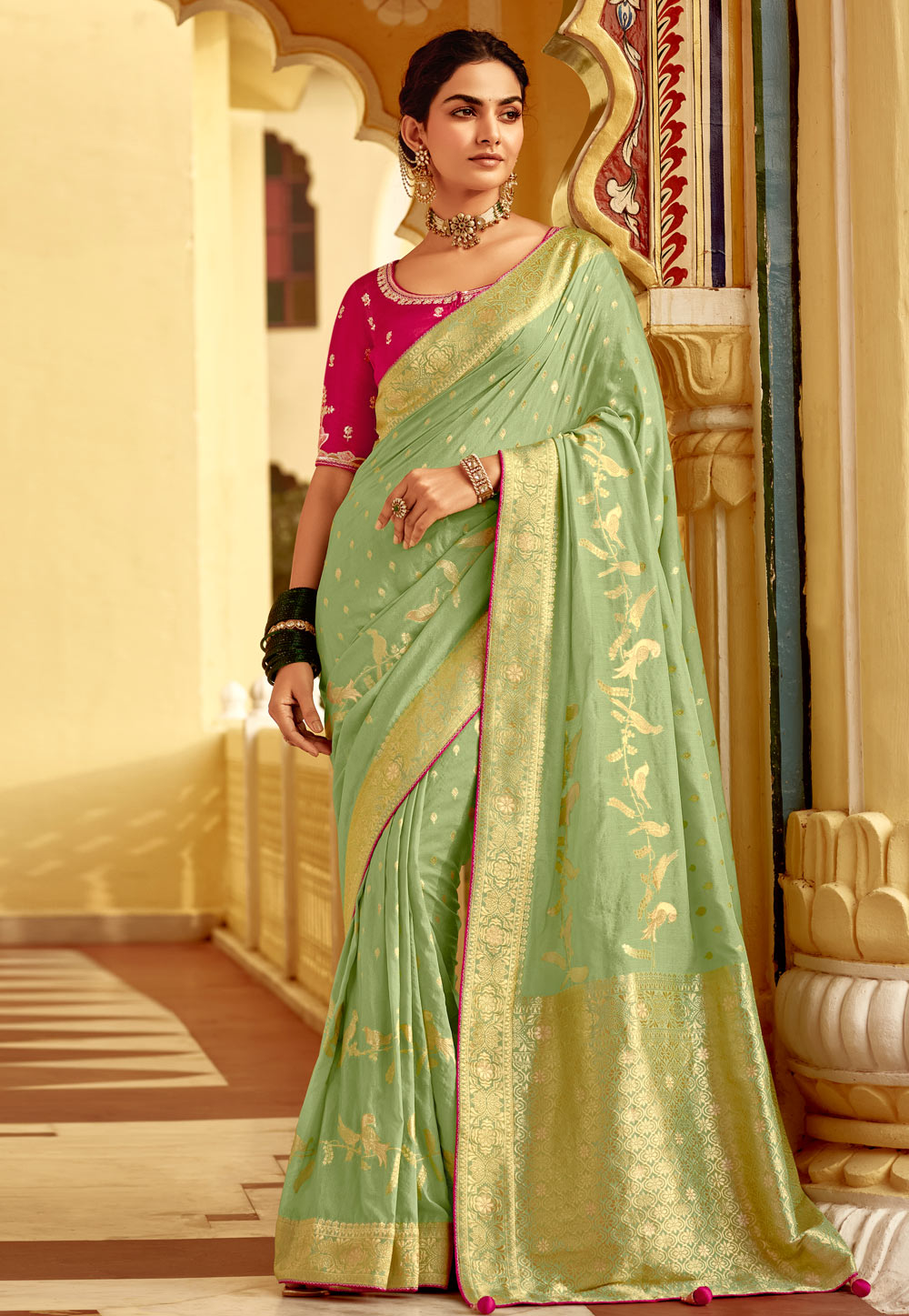 Pista Green Silk Saree With Blouse 305828