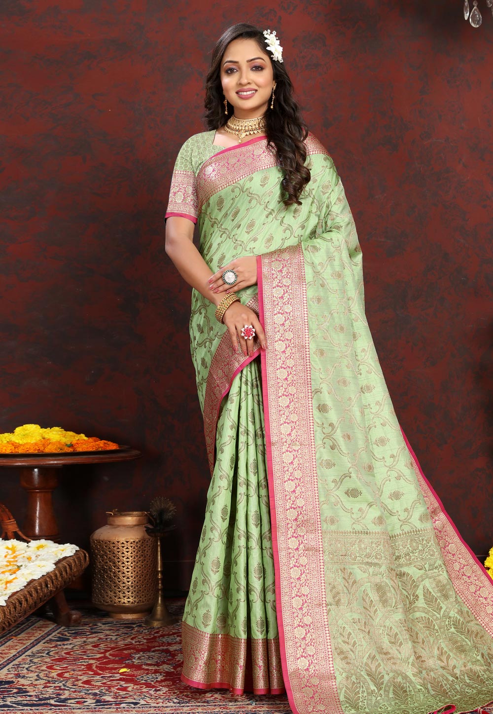 Pista Green Silk Saree With Blouse 284643