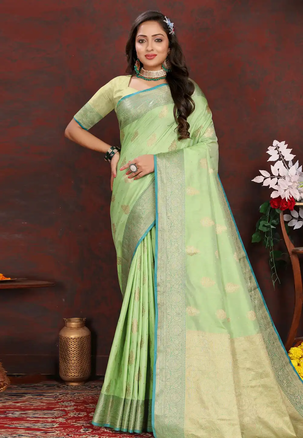 Pista Green Silk Saree With Blouse 288432