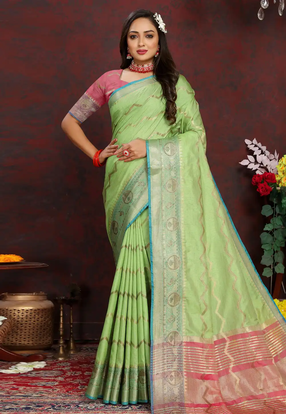 Pista Green Silk Saree With Blouse 290861