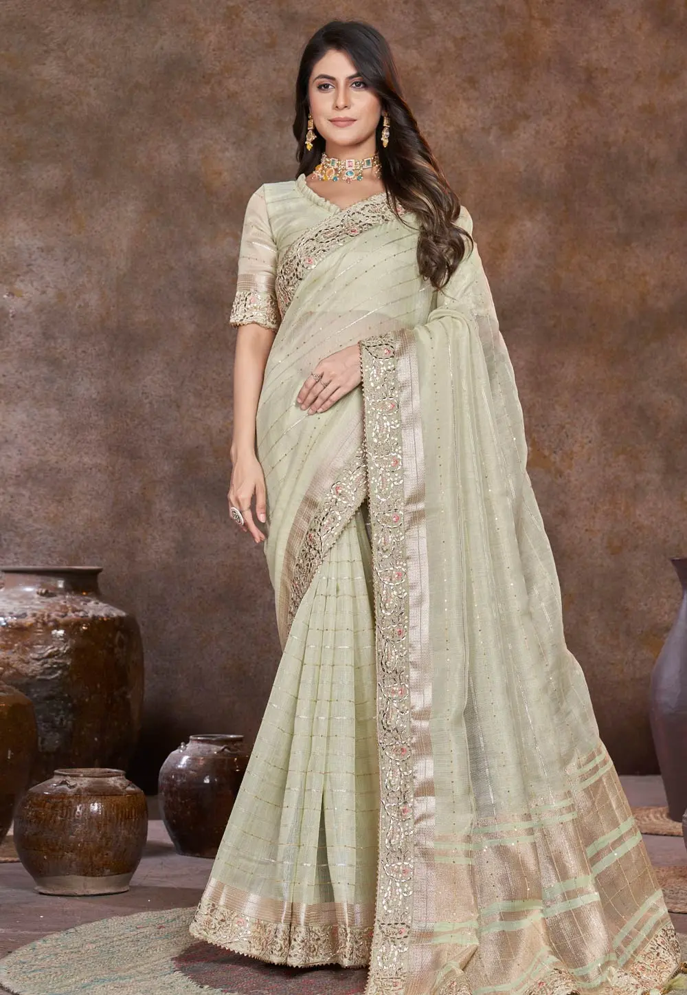 Pista Green Silk Saree With Blouse 301735