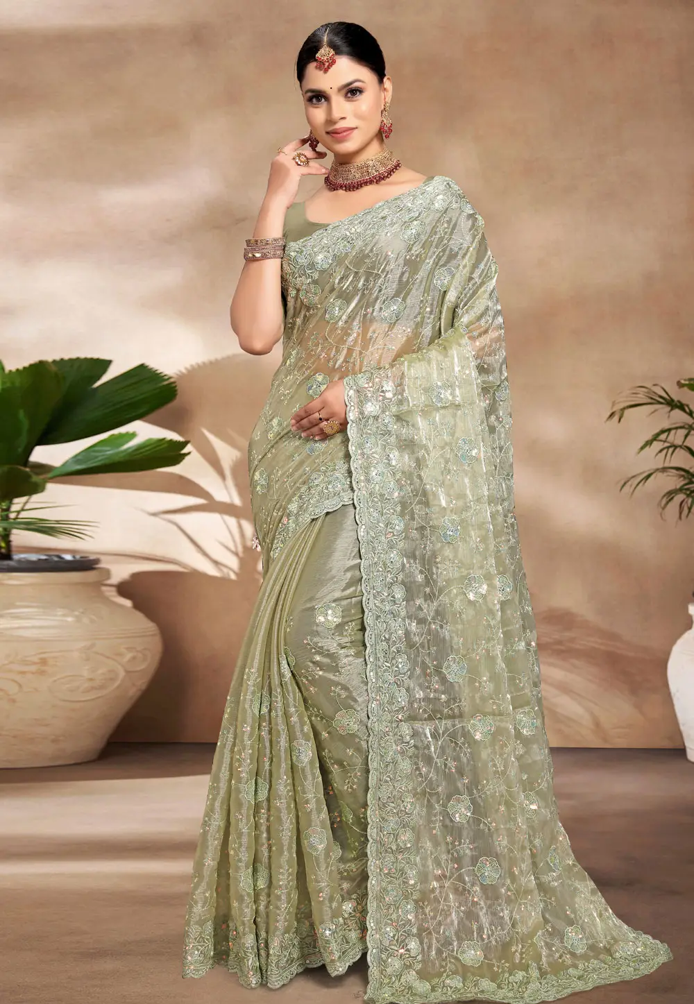 Pista Green Silk Saree With Blouse 296227