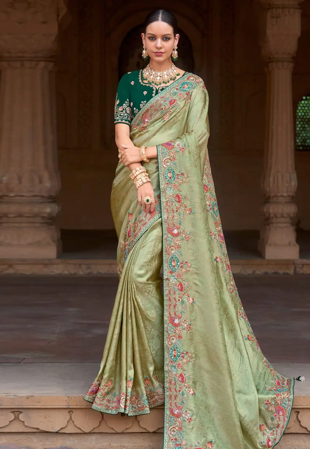 Pista Green Silk Saree With Blouse 296149