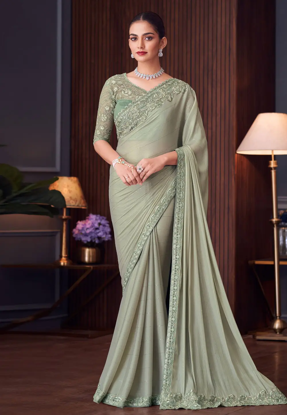 Pista Green Silk Saree With Blouse 296339