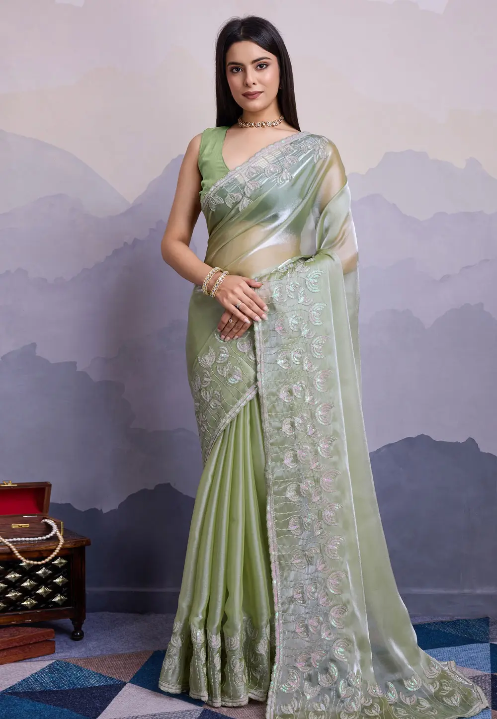 Pista Green Silk Saree With Blouse 295497