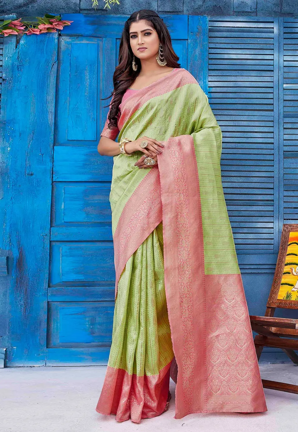 Pista Green Silk Saree With Blouse 298824