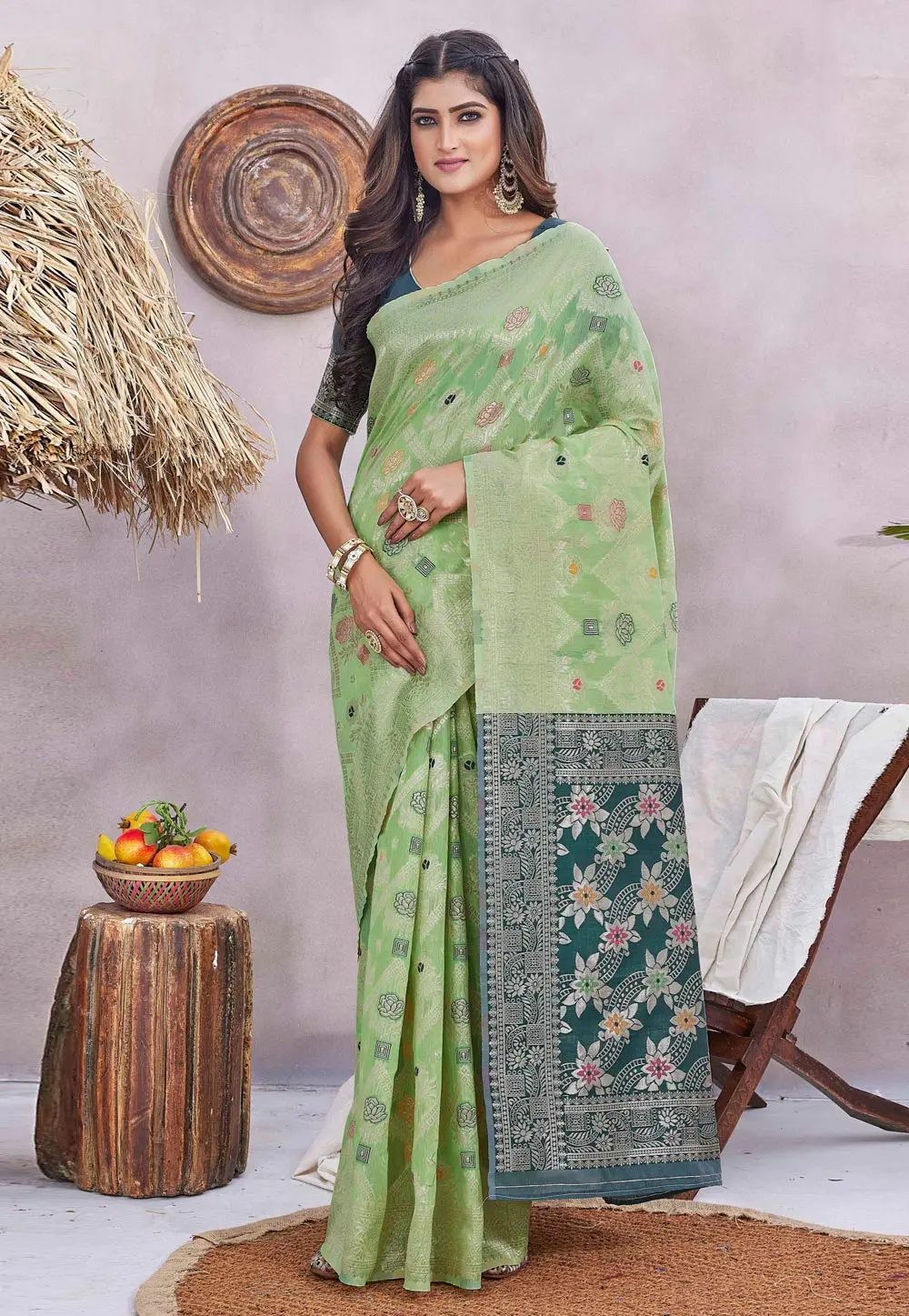 Pista Green Silk Saree With Blouse 298826