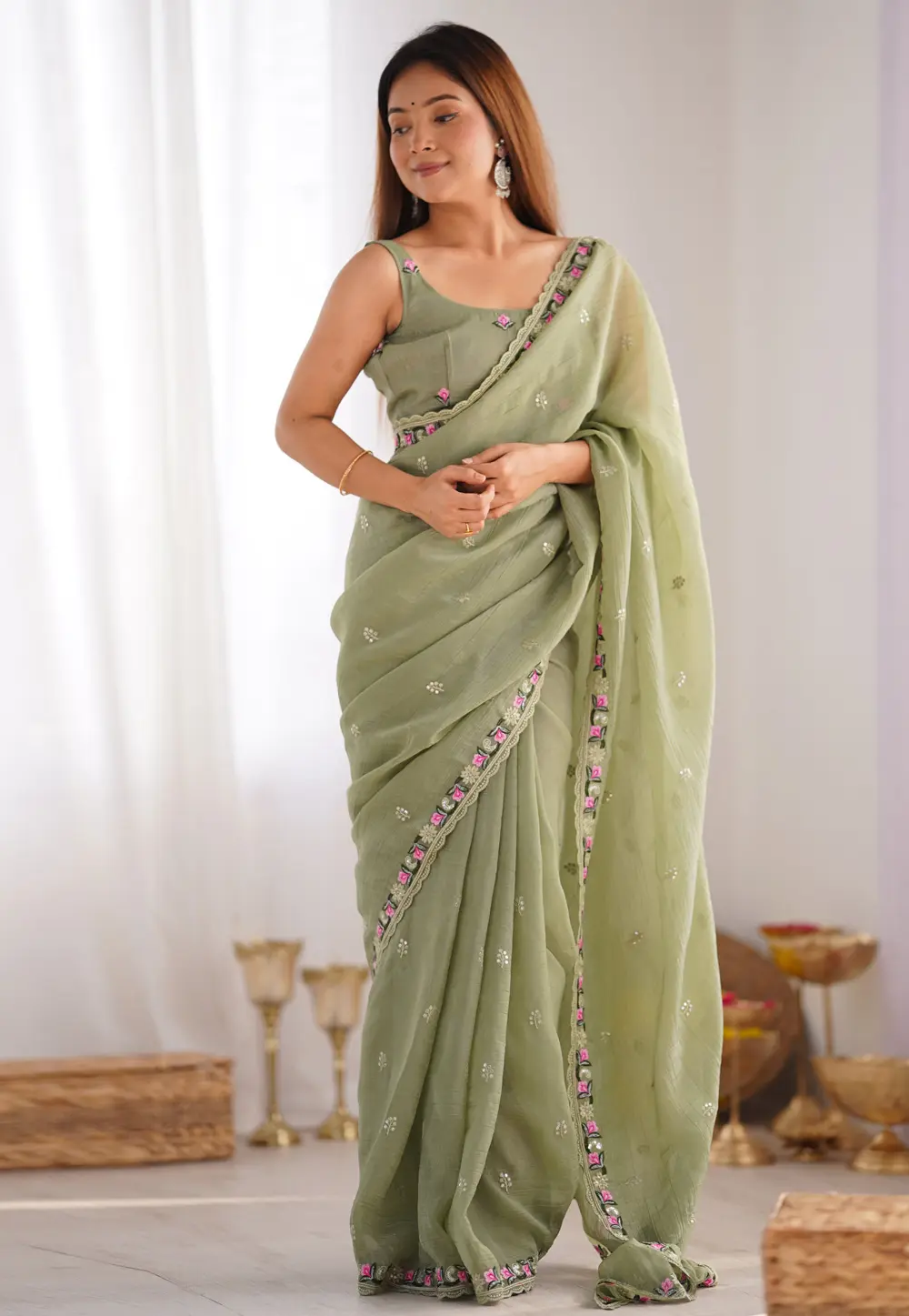 Pista Green Silk Saree With Blouse 298835