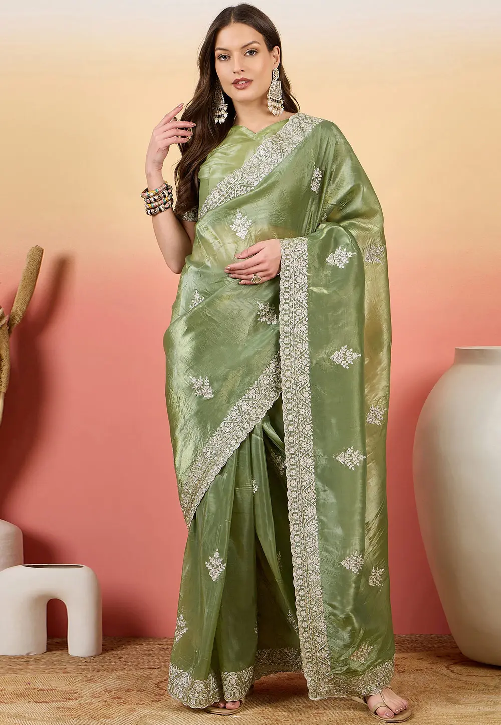 Pista Green Silk Saree With Blouse 304714