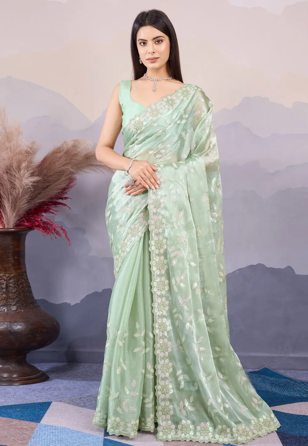 Pista Green Silk Sequence Saree 295540