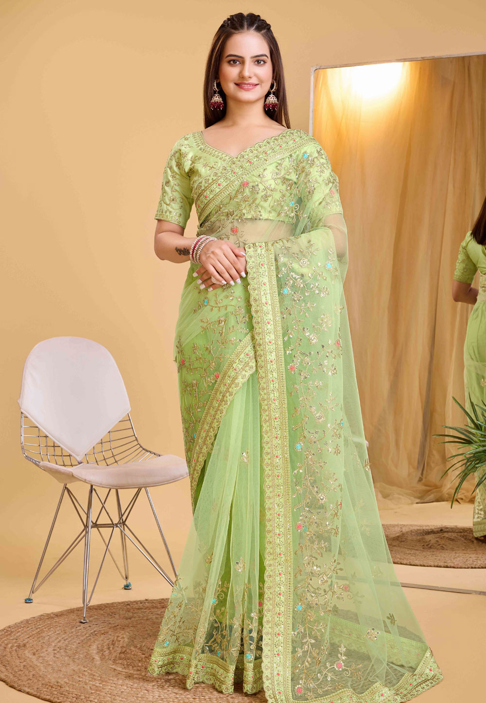 Pista Green Soft Net Saree With Blouse 284235