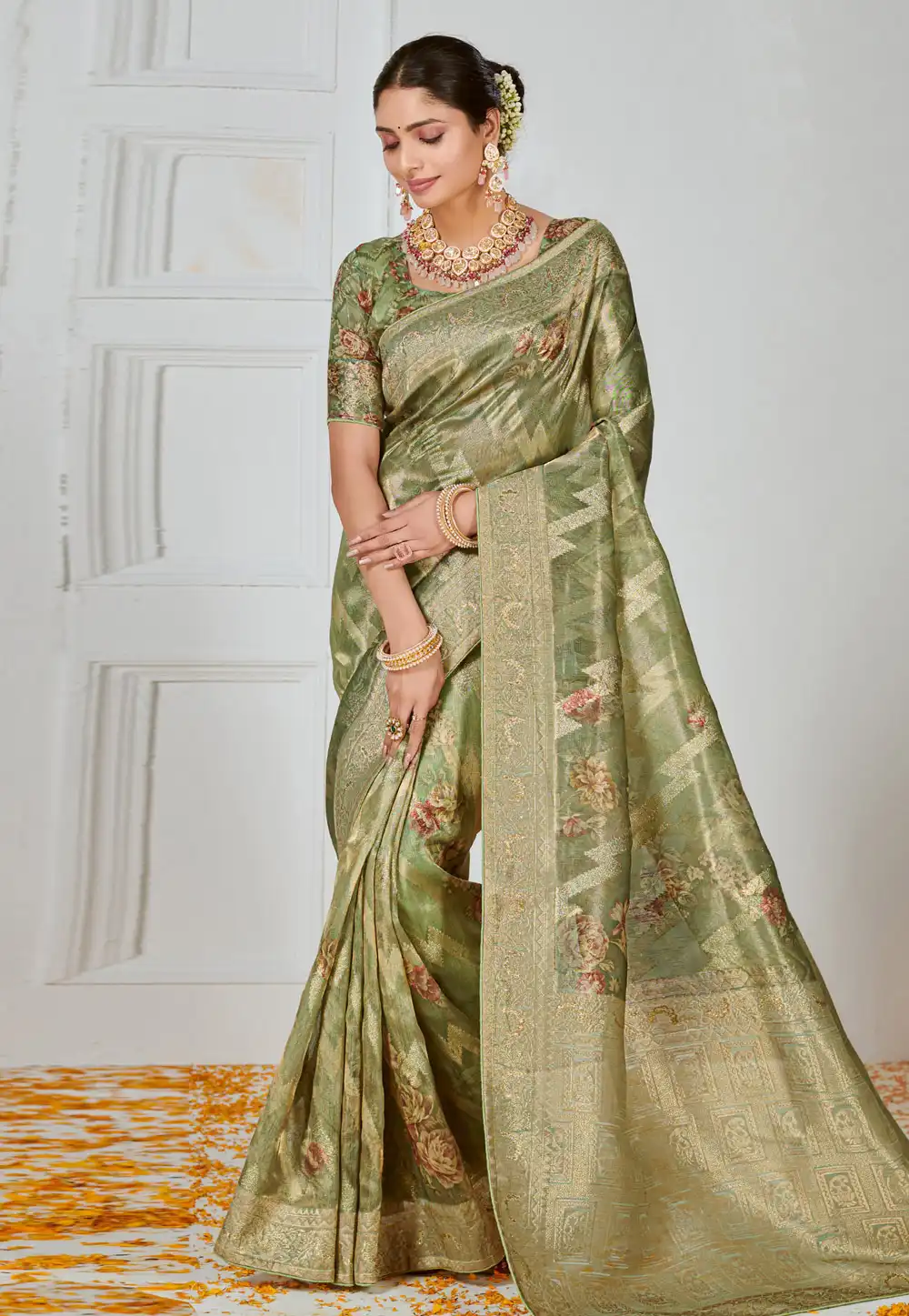 Pista Green Tissue Saree With Blouse 289092