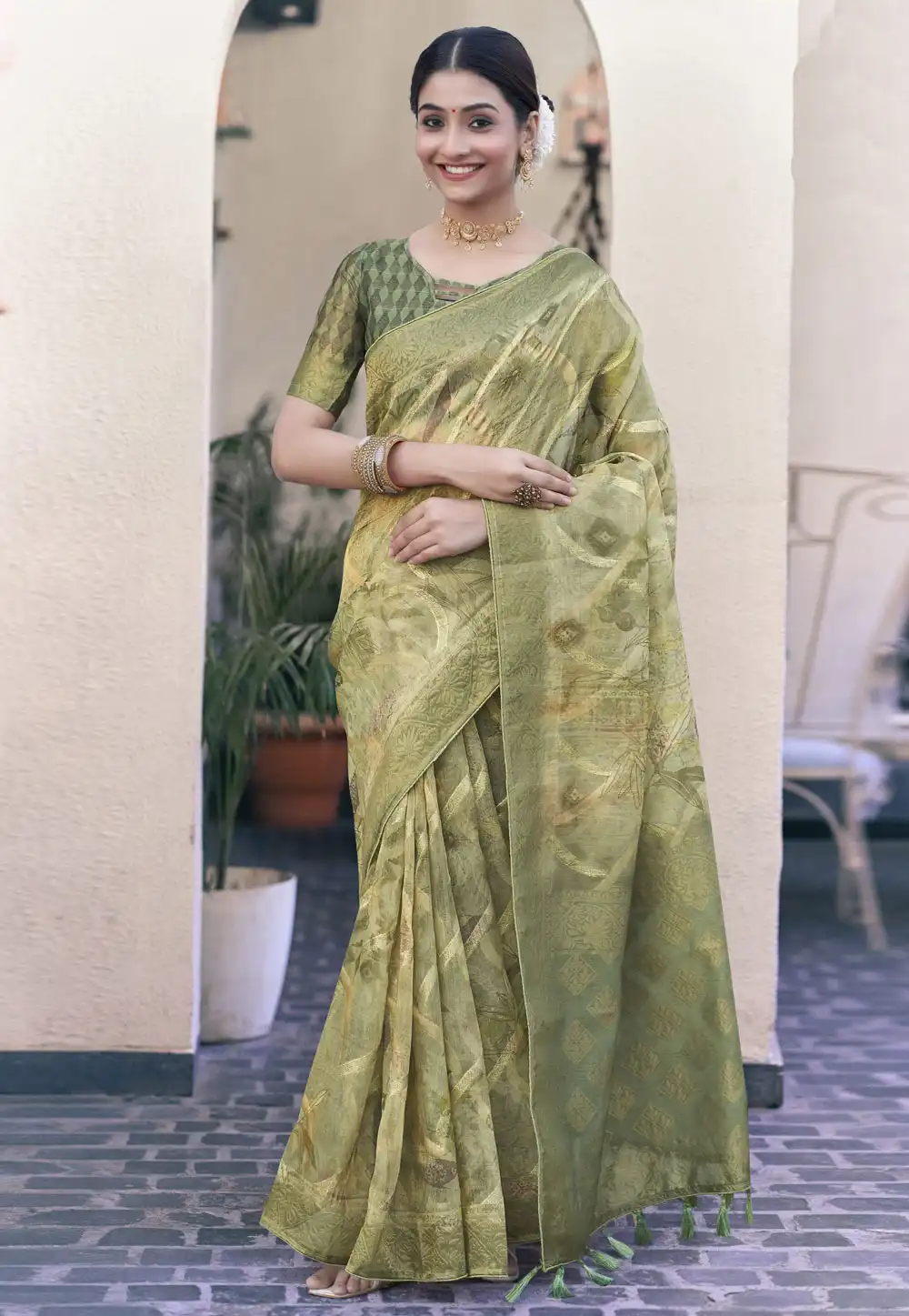 Pista Green Tissue Saree With Blouse 289103