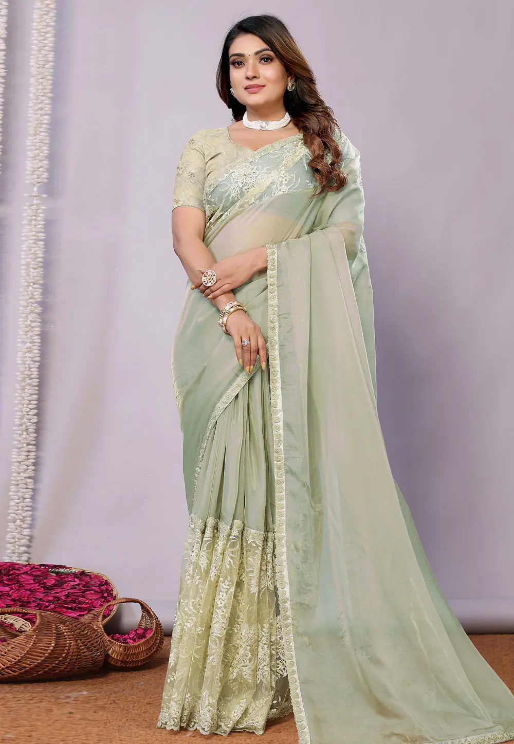 Pista Green Tissue Saree With Blouse 300591