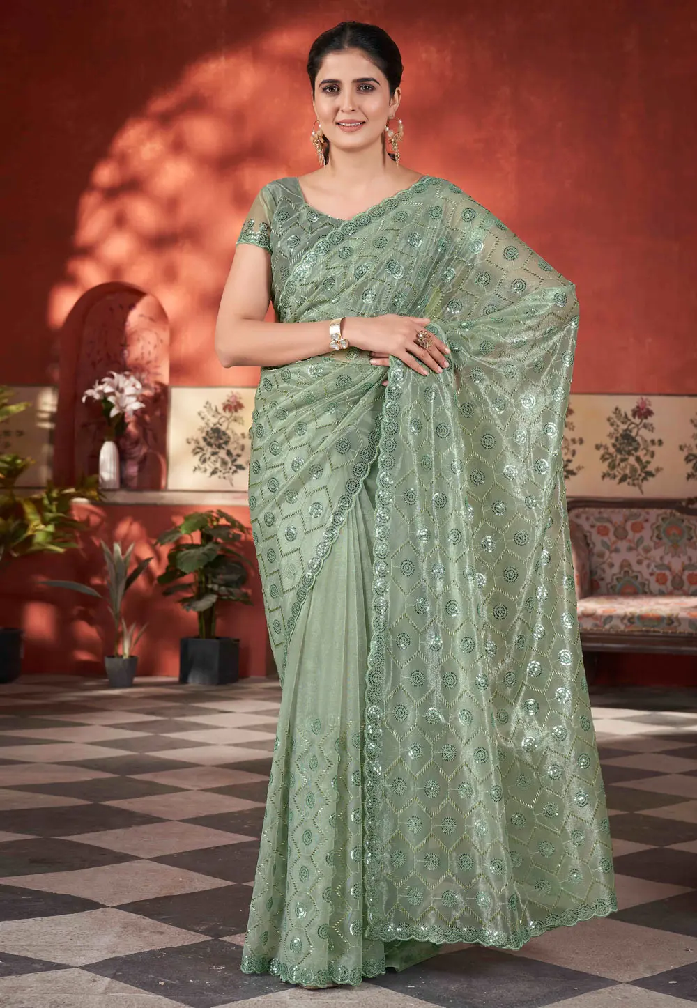 Pista Green Tissue Saree With Blouse 302529