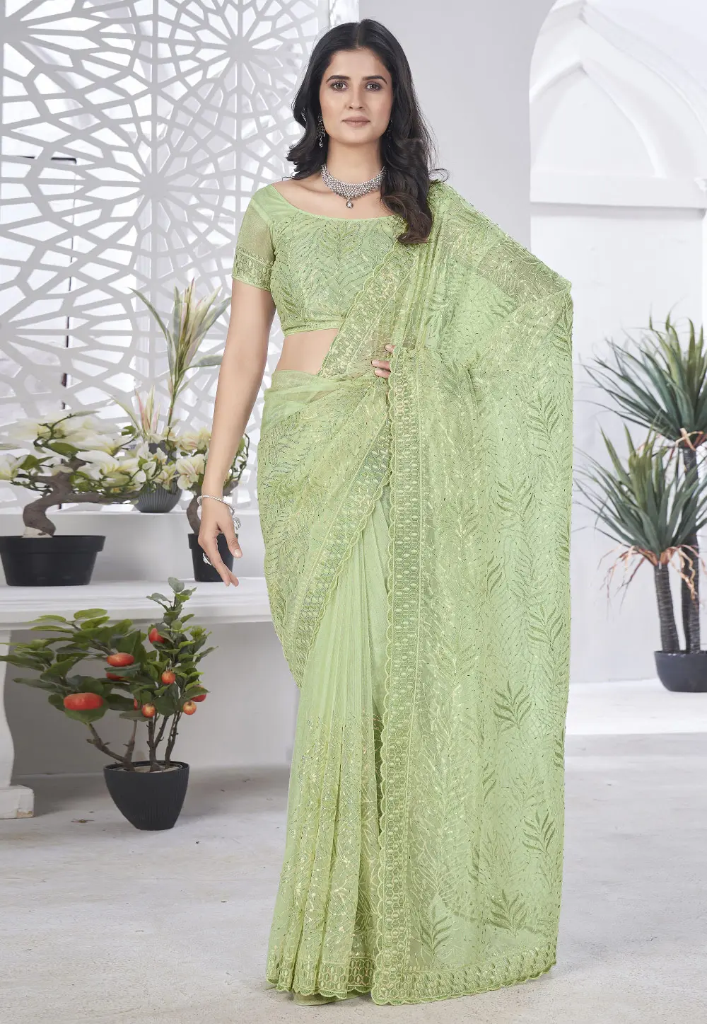 Pista Green Tissue Sequence Saree 302534