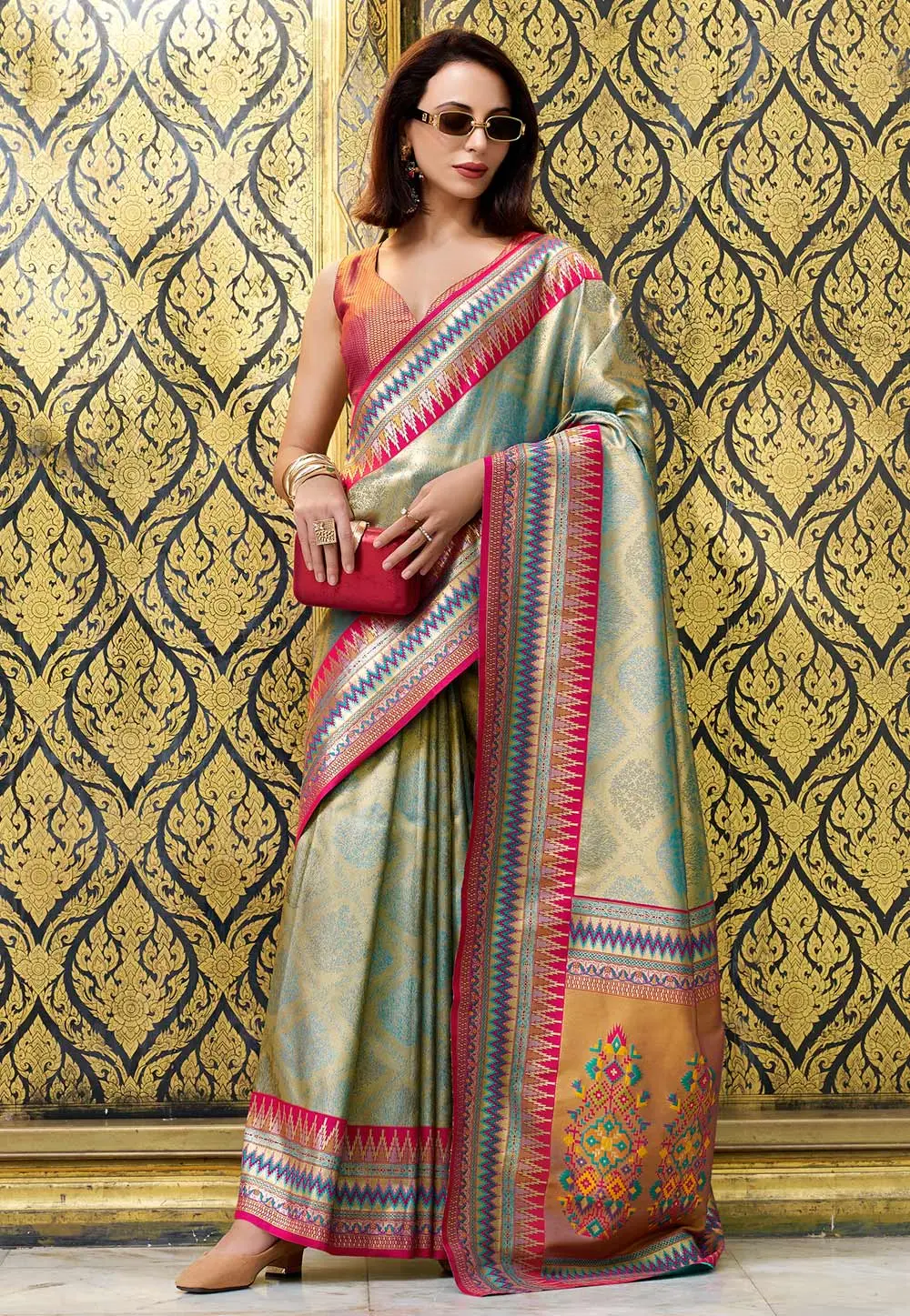 Pista Green Tissue Silk Saree With Blouse 303655