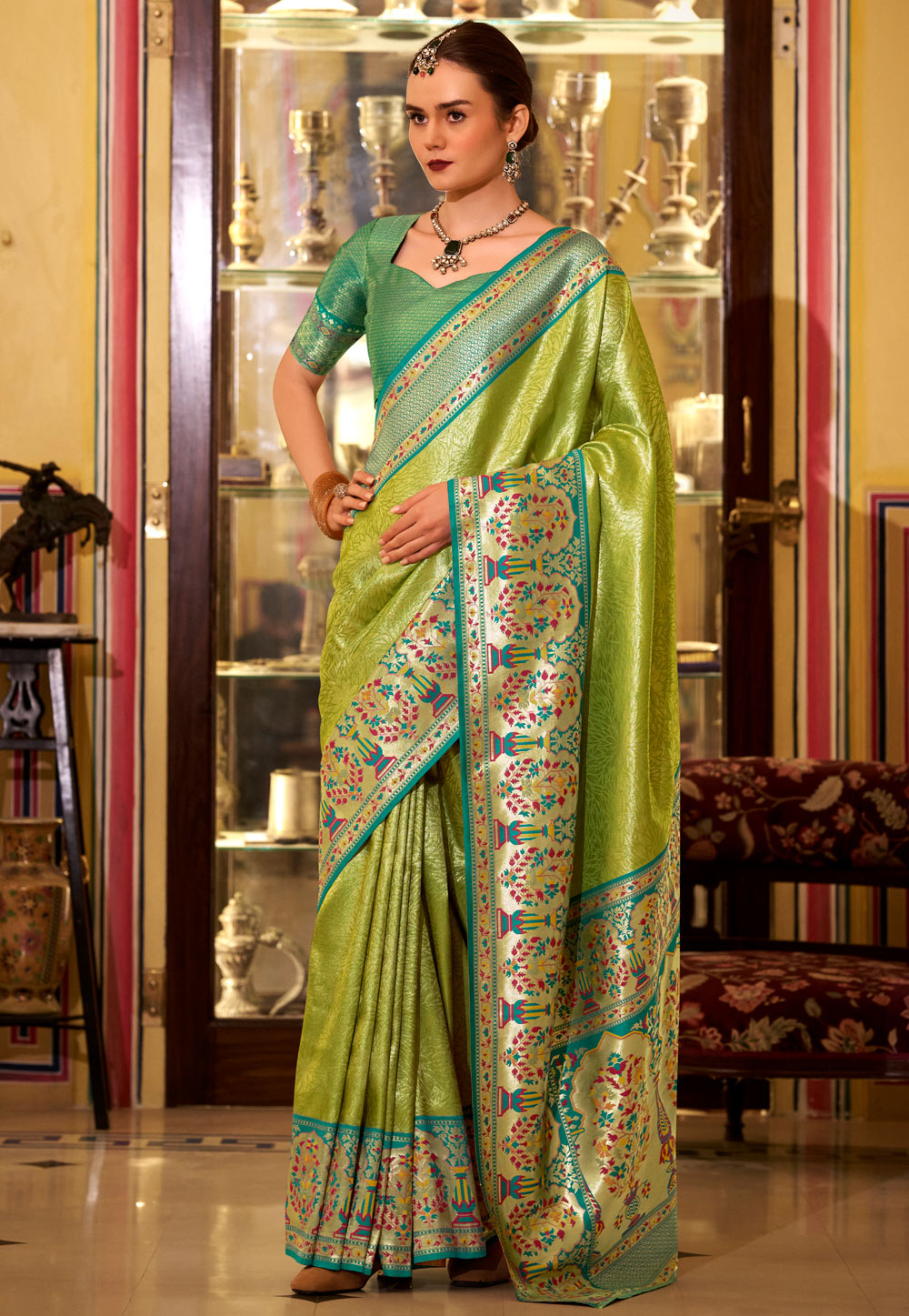 Pista Green Tissue Silk Saree With Blouse 309113