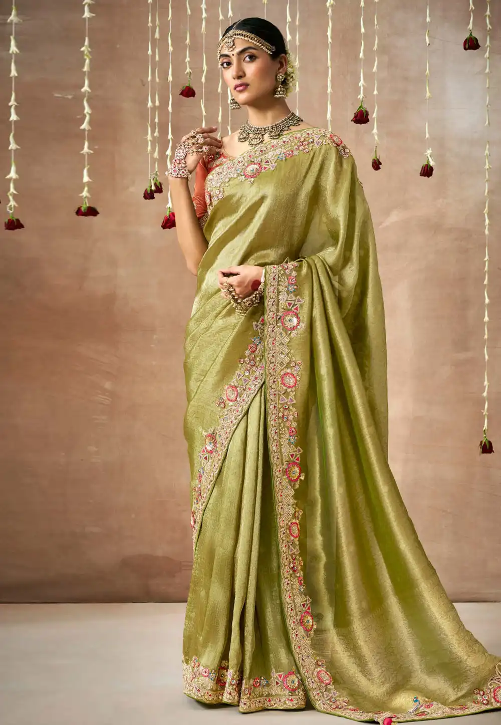 Pista Green Tissue Silk Saree With Blouse 295067