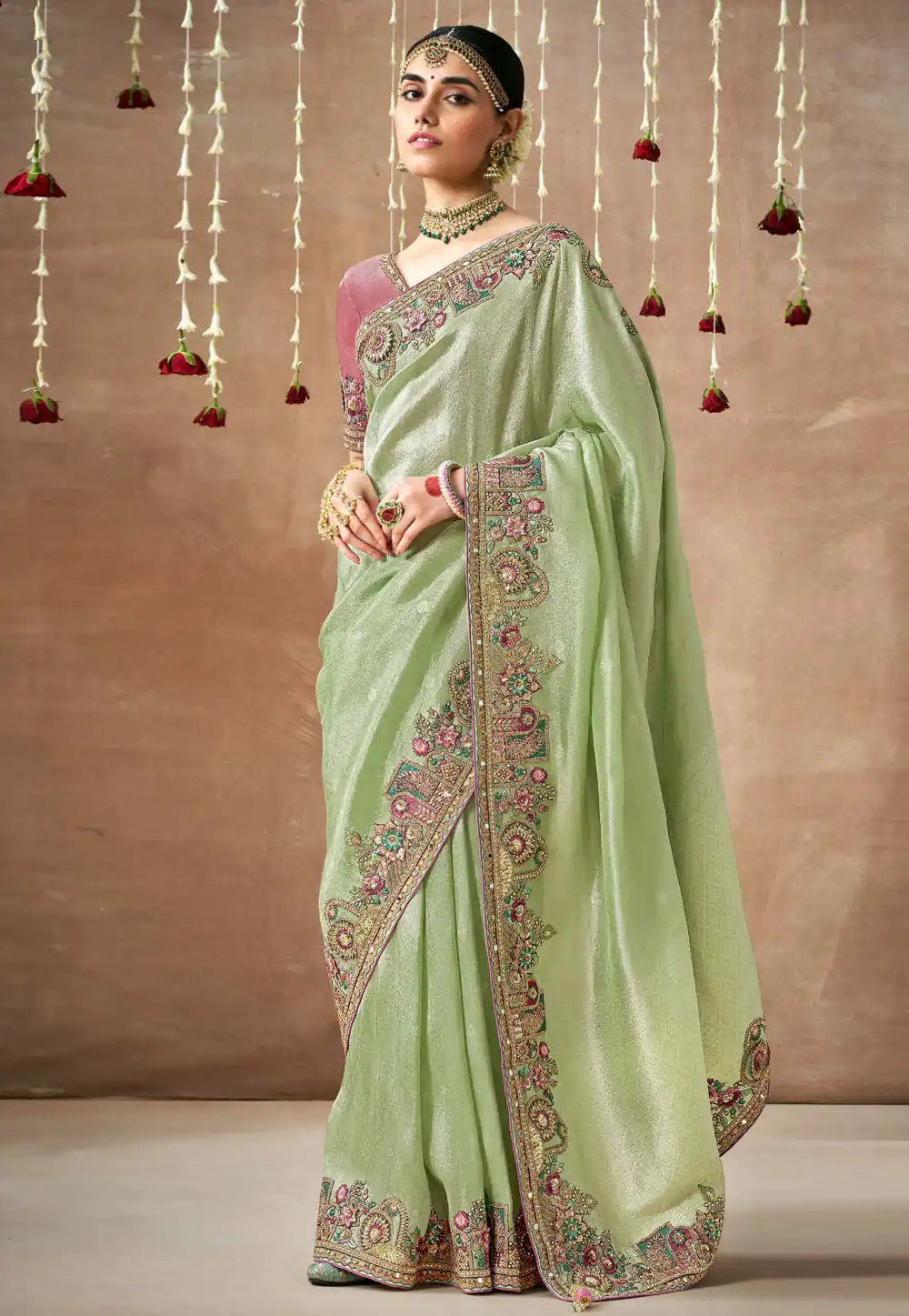 Pista Green Tissue Silk Saree With Blouse 295076