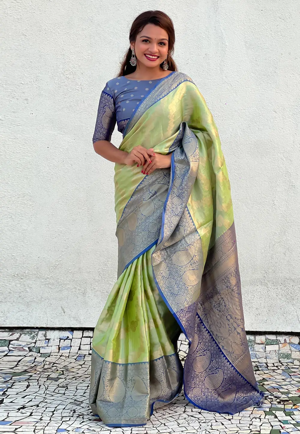 Pista Green Tissue Silk Saree With Blouse 296262