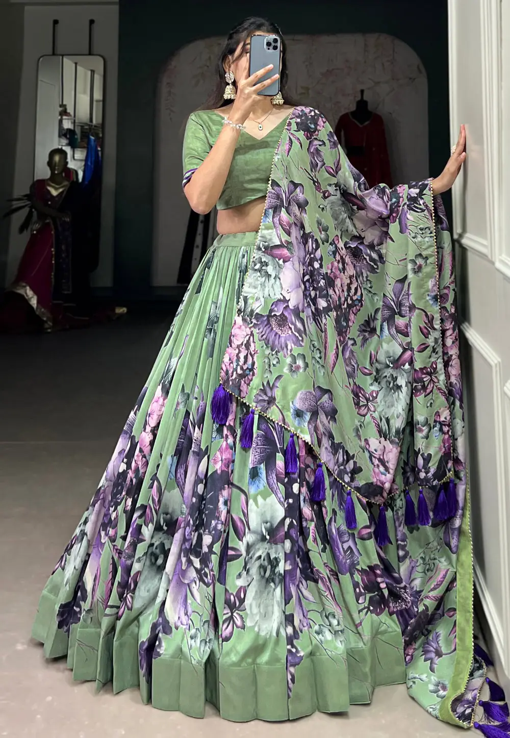 Pista Green Tussar Silk Floral print Lehenga choli 296332