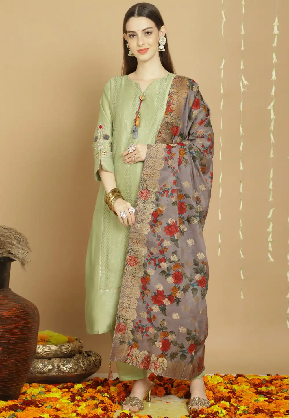 Pista Green Tussar Silk Pant Style Suit 288002