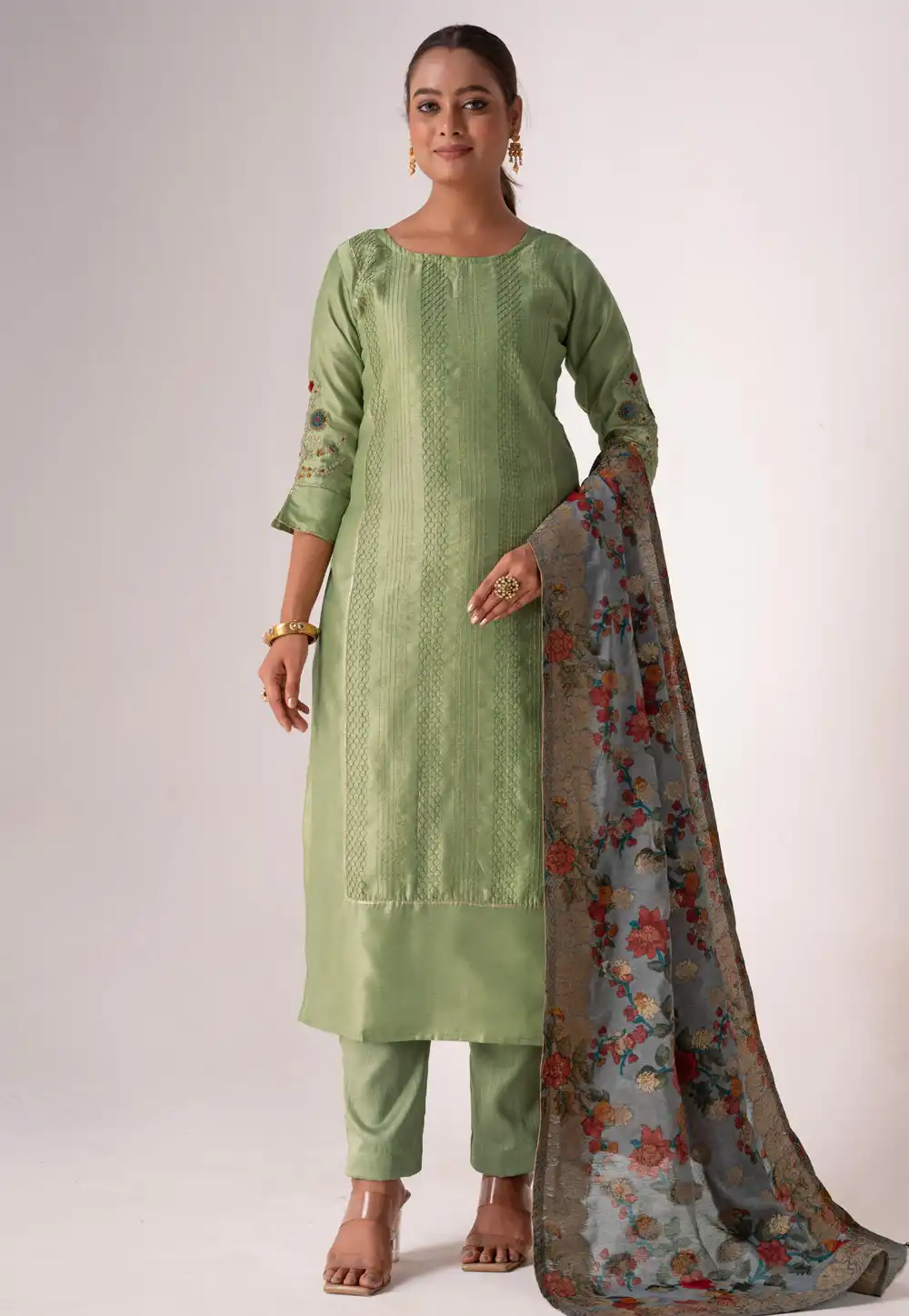 Pista Green Tussar Silk Pant Style Suit 290399